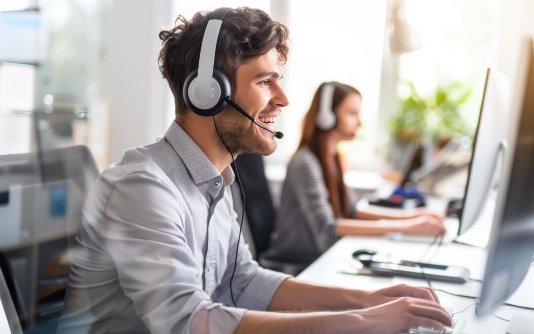 Hombre sonriente en el mostrador de servicio al cliente